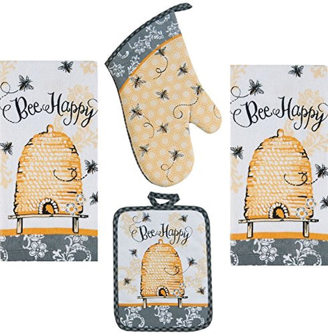 4 Piece Bee Happy Kitchen Set - 2 Terry Towels, Oven Mitt, Potholder