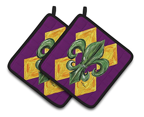 Caroline's Treasures Mardi Gras Fleur De Lis Purple green & Gold Pair of Pot Holders 8133PTHD, 7.5HX7.5W, Multicolor