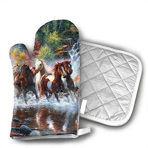 American Indians Horses Oven Mitts Kitchen Gloves and Pot Holders 2pcs for Kitchen Set with Cotton Neoprene Silicone Non-Slip Grip,Heat Resistant,Oven Gloves for BBQ Cooking Baking Grilling