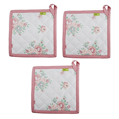 Set of 3 Pot Holders, 100% Cotton of Size 8”X8 Inch, Eco-Friendly & Safe, Pink English Flowers Design for Kitchen