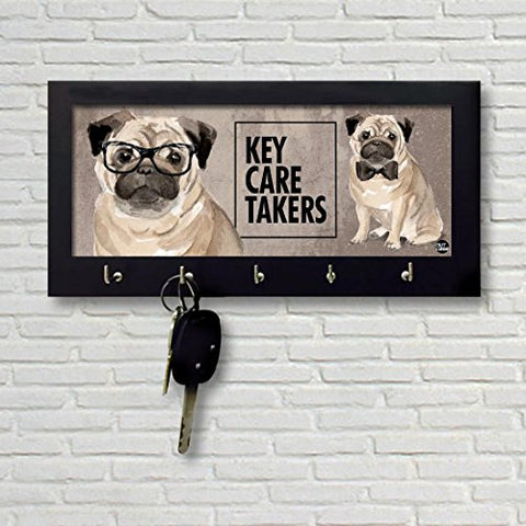 Nutcase Wooden Key Holder Hanger for Wall - Designer Key Chain Hanging Board Box - 5 Hooks Wall Mounted Key Rack - Screws Included - Cute Hip Pug