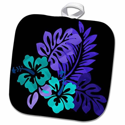3D Rose Hawaiian Turquoise N Purple Floral On Black Pot Holder, 8" x 8"