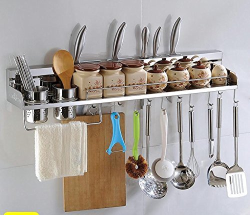 Multipurpose Stainless Steel Kitchen Utensils Organizer Holder 31" Wall Mounted (Pan Pot Rack,spice Rack, Spoon Ladle Hanger,knife Block,towel Rack,silverware Caddy)