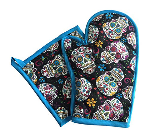 Jumpsies Sugar Skull Pot Holder Oven Mitt Set of 2 Pieces (blue)