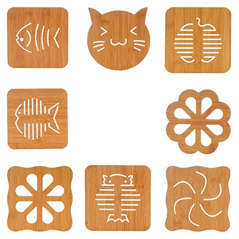 8 Pack wood Trivet Mat - Hot Pot Holder Hot Pads for Table & Countertop - Teapot Trivet Bamboo Kitchen Trivets - Non-Slip & Heat Resistant Modern Kitchen Hot Pads For Pots & Hot Dish Solid Trivet Set…