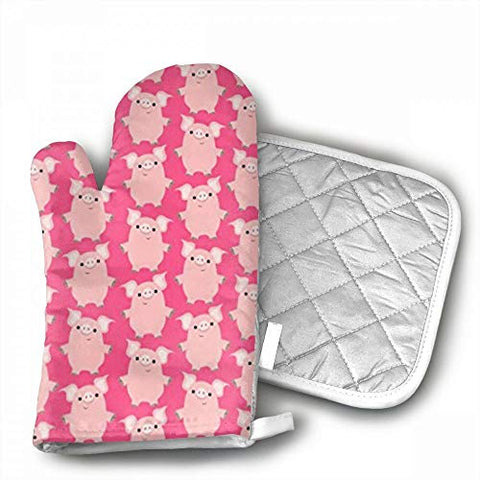 QWDGK Cute Friendly Cartoon Pigs Cotton Oven Mitts Pot Holders Set - Kitchen Oven Mitt Heat Resistant, Non-Slip Grip Oven Gloves PotholderCooking,Baking & BBQ,