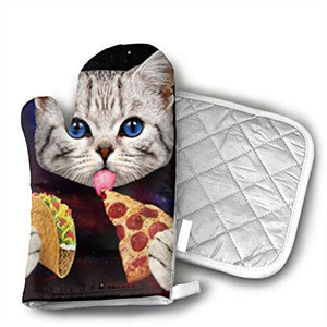 Nuytzs90sd Space Cat with Taco and Pizza Oven Mitts Cooking Gloves 480 F Heat Resistant, Non Slip Grip Pot Holders for Kitchen Oven BBQ Grill and Fire Pits for Cooking Baking