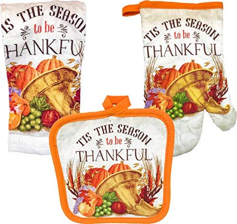 FLOMO Thanksgiving Holiday Thankful Give Thanks Kitchen Oven Mitt, Pot Holder, and Towel Kitchen Set ('Tis The Season to be Thankful' Set)