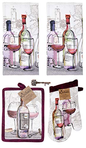 Kay Dee Tuscany Wine 5-pc Gift Set Kitchen Towels, Potholder, Oven Mitt Antique Design Key Bottle Opener (Choice Wine)