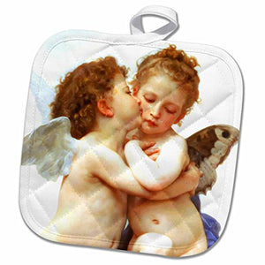 3D Rose Cupid and Psyche As Children 1890 - L Amour Enfants - Bouguereau - Baby Angel Cherubs Kiss - Classic Pot Holder, 8 x 8