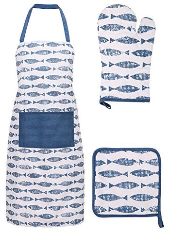 Cooking Apron Kitchen Apron, Glove, and Potholder Set,Fish Market - Navy