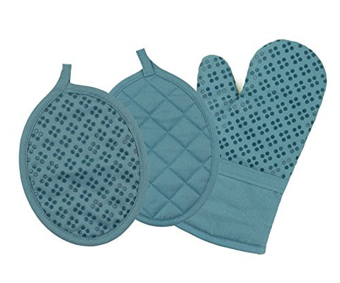 Sticky Toffee Printed Silicone Oven Mitt and Pot Holders, 100% Cotton, 3 Piece Set, Blue