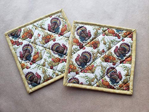 Thanksgiving Turkey Potholders Set of 2 Fall Kitchen Linens Autumn Home Decor Harvest Kitchen Linens Quilted Hot Pads Insulated Trivets Pumpkins Apples Earth Tone Home Decor Hostess Gifts Under 20