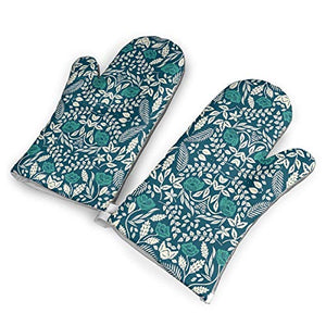 Teal, White, and Blue Flowers Oven Mitts - Heat Resistant to 500?? F,1 Pair of Non-Slip Kitchen Oven Gloves for Cooking,Baking,Grilling,Barbecue Potholders