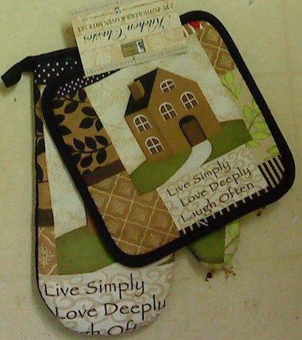 2-Pc Kitchen Set Pot Holder Oven Mitt Live Love Laugh