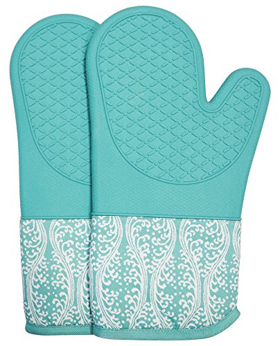 RED LMLDETA Professional Microwave Silicone Oven Mitts for one Pair, Kitchen Lines Set for Heat Resistant with 500 Degrees, Kitchen Gloves Pot Holder for BBQ Cooking Baking (Light Blue)