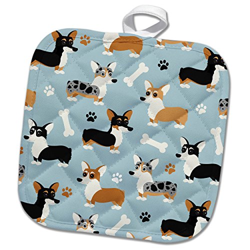 3dRose Cute Corgi Dog Pattern Blue Pot Holder, 8 x 8