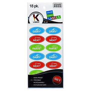 18 Assorted Kosher Labels -6 Blue Dairy, 6 Red Meat, 6 Green Parve Stickers -Oven Proof Up To 500, Freezable, Microwavable, Dishwasher Safe, English  Color Coded Kitchen Tools By The Kosher Cook