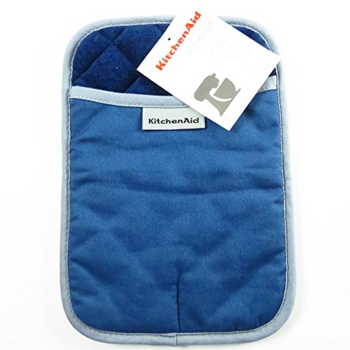 KitchenAid Cotton Pot Holder, Microfiber Lined, Printed Grid Silicone Grips (Blue Willow)