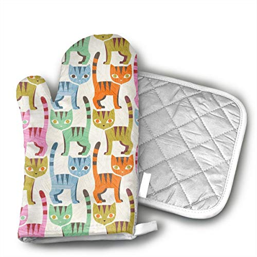 Ubnz17X Cute Rainbow Cats Oven Mitts and Pot Holders for Kitchen Set with Cotton Non-Slip Grip,Heat Resistant
