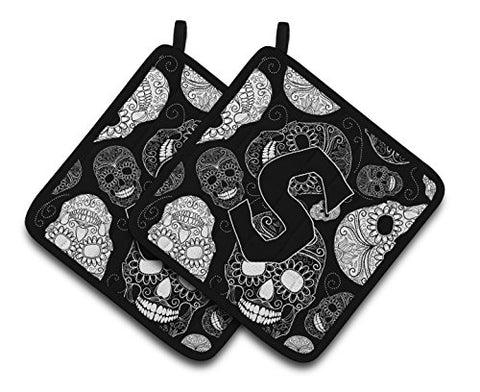 Caroline's Treasures Letter S Day of The Dead Skulls black Pair of Pot Holders CJ2008-SPTHD, 7.5HX7.5W, Multicolor