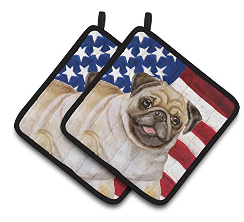 Caroline's Treasures BB9718PTHD Fawn Pug Patriotic Decorated pot holder, 7.5H x 7.5W, USA American Flag