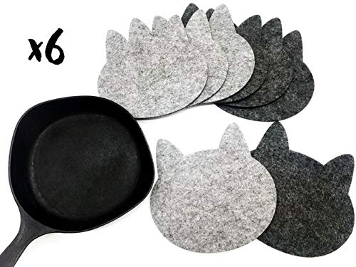 Welaxy Felt pan trivet Pot Pan Protectors pot holder coaster tea mat mouse mats cat style prevent Scratching for cookware (Charcoal + light gray, 18 cm- cat)