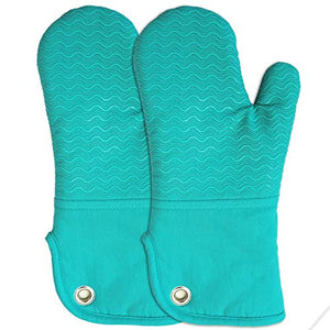 Silicone Groment Oven Mitts with Heat Resistant Non-Slip Set of 2, Cotton Quilting Lining, Oven Gloves and Pot Holders Kitchen Set for BBQ Cooking Baking, Grilling, Barbecue, Machine Washable Blue