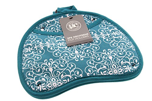 Gourmet Club Kidney Shaped Potholder w/Neoprene and Pocket for Easy Handling, Heat Resistant up to 500 degrees F, Lace Biscay Bay - 2pk