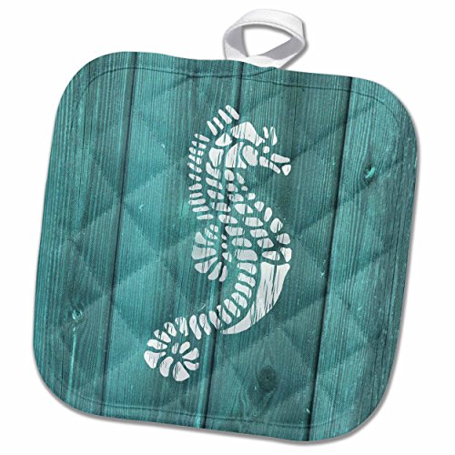 3D Rose Photo of Seahorse White On Aqua Painted Real Wood Pot Holder, 8 x 8