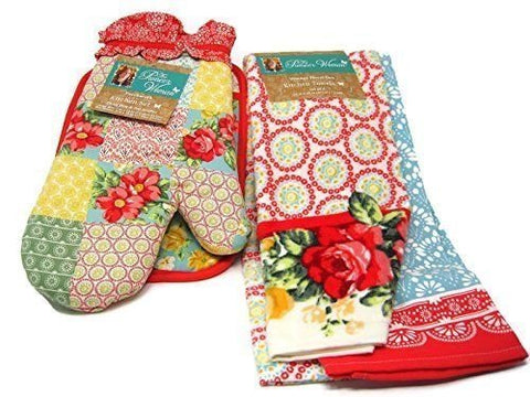 Pioneer Woman Patchwork Kitchen Set Oven Mitt, Pot Holder and Vintage Floral Geo Kitchen Towels