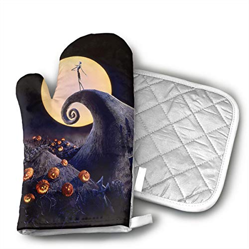The Nightmare Before Christmas Set of Oven Mitt and Pot Holder, Microwave Glove Cotton High Heat Resistance Oven Mitts with Disk Pad for Kitchen Cooking Baking