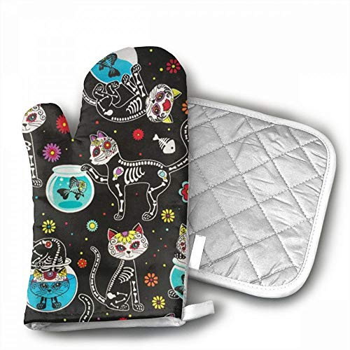 Sugar Skulls Cats Oven Gloves And Pot Holders 2pcs Set For BBQ Cooking Baking Grilling