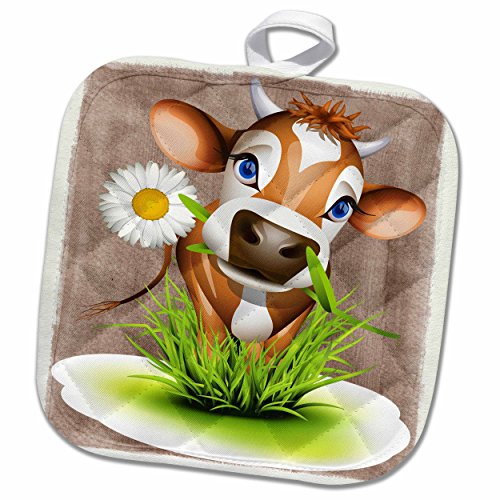 3D Rose Jersey Cow in Grass Pot Holder, 8 x 8