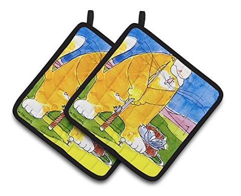 Caroline's Treasures Big Cat Golfing with A Fishing Pole Pair of Pot Holders 6105PTHD, 7.5HX7.5W, Multicolor