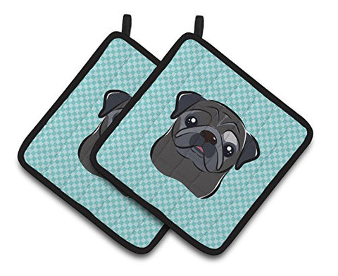 Caroline's Treasures Checkerboard Blue black Pug Pair of Pot Holders BB1201PTHD, 7.5HX7.5W, Multicolor