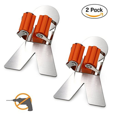 Mop Broom Holder Organizer,Lanticy 2 Pcs 3M Self Adhesive 304 Stainless Steel Wall Mounted Mop Hooks Broom Hanger Bathroom Storage Rack with Spring Clip Brushed Finish (Herringbone)