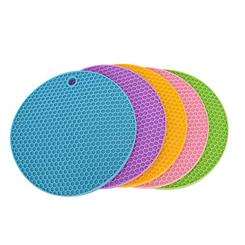 Silicone Trivet Mats Round Pot Holder 5Pcs Multi-Purpose Hot Pot Mats Hot Pad Jar Opener Spoon Rest Heat Resistant Non-slip Durable Flexible Dishwasher Safe for Home Use