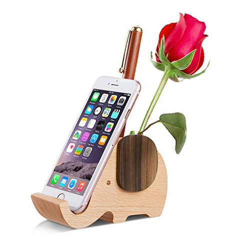 Pen Pencil Holder with Phone Stand, AhfuLife Cute Wooden Elephant Shaped Pen Container Pot Office Accessories Compatible with Cell Phone, Desk Organizer Decoration for Office Home Decorative