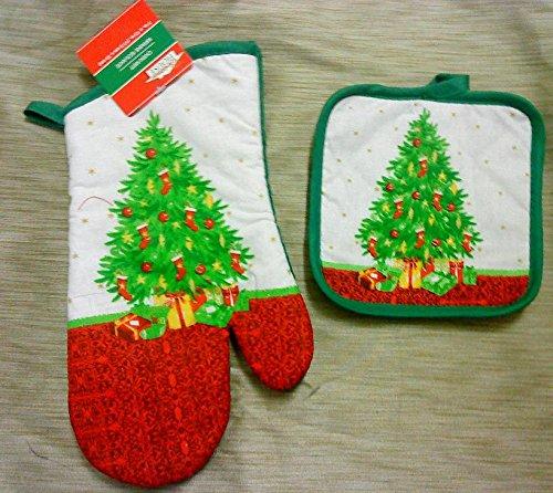 2-Pc Kitchen Set Pot Holder Oven Mitt Holiday Christmas Tree