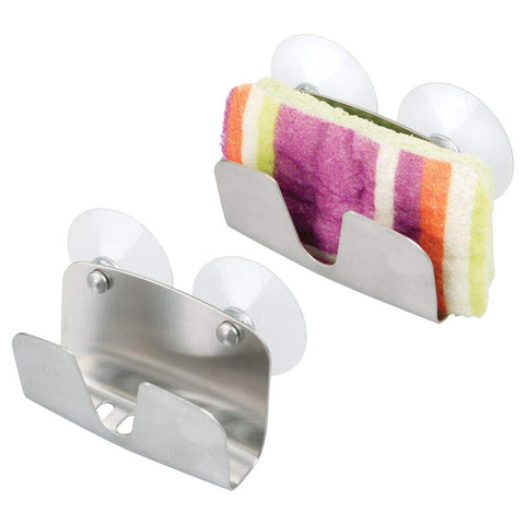 mDesign Kitchen Sink Suction Holder for Sponges, Soap, Scrubbers - Pack of 2, Brushed Stainless Steel