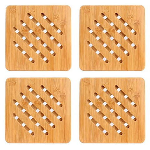 Weikai Bamboo Trivet Mat Set, Heavy Duty Hot Pot Holder Pads Coasters, Perfect for Modern Home Kitchen Decor, Set of 4, 7" Square