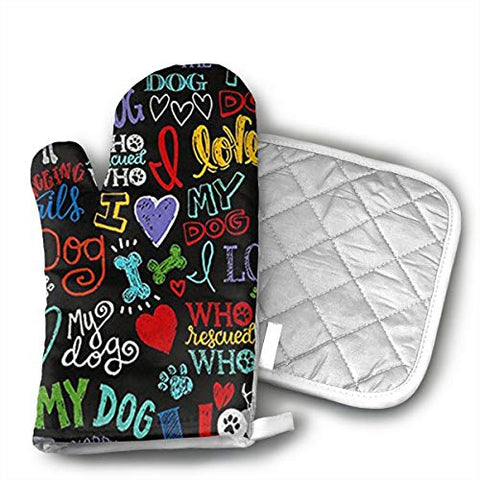 Animal Novelty I Love My Dog Oven Mitt 9 X 4 and Pot Holder 6 X 6 Kitchen Gift Set,Kitchen Oven Gloves for Cooking,Baking,Grilling,Barbecue Potholders - 2 Pair