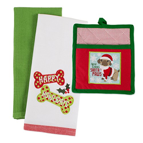 DII Pup Cotton Christmas Holiday Dish Towel and Pot Holder, Perfect for Kitchen Cooking and Baking, Puppy Gift Set, 2 Pieces