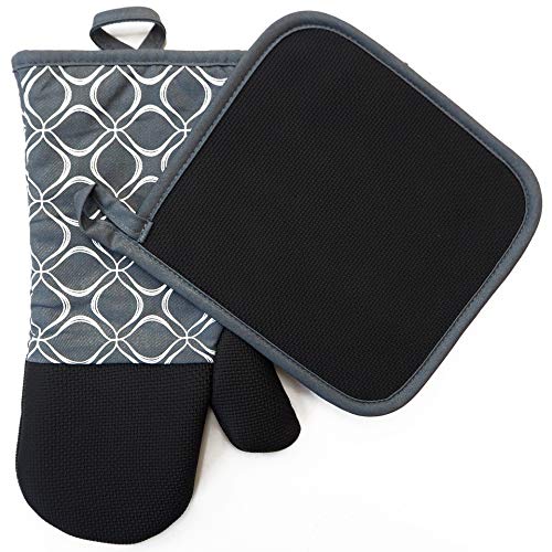 Heat Resistant Hot Oven Mitts & Pot Holders for Kitchen Set With Cotton Neoprene Silicone Non-Slip Grip Set of 2, Oven Gloves for BBQ Cooking Baking, Grilling, Machine Washable (Grey Neoprene)