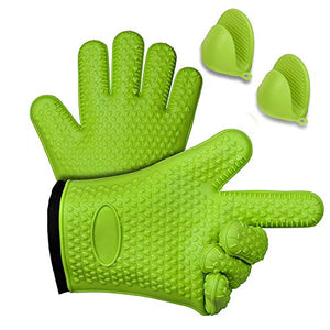 4 Pcs BBQ Grilling Gloves - Heat Resistant Oven Mitts for Cooking, Baking & Boiling - Safely Holds Hot Pots and Pans - Non-Slip Potholders with Internal Cotton Layer - Includes Mini Oven Mitt