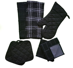 Kitchen Linen Set Black/White 7 Piece Bundle – 2 Dish Towels, 2 Dishcloths, 2 Potholders, and 1 Oven Mitt