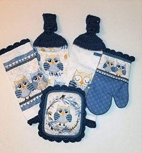 Blue Owls Kitchen Set of 5 -Hanging Towels, Oven Mitt, Pot Holder, Dish Cloth
