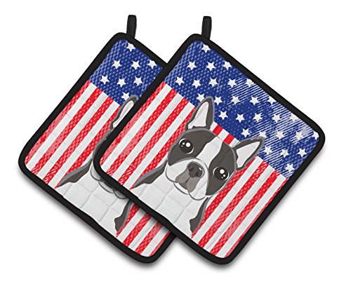 Caroline's Treasures American Flag & Boston Terrier Pair of Pot Holders BB2133PTHD, 7.5HX7.5W, Multicolor