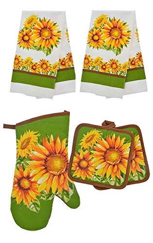 HomeConcept 5 Piece Kitchen Towel Set Includes 2 Towels 2 Potholders 1 Oven Mitt (Sunflower)